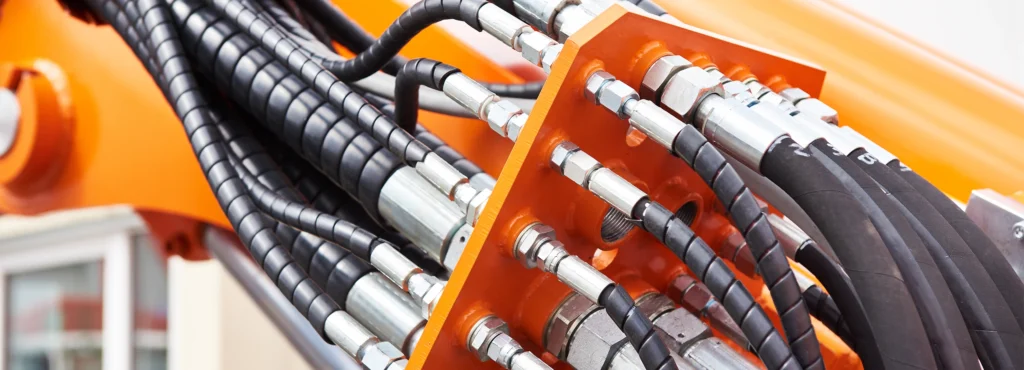 Svarta hydraulslangar monterade i ett orange kopplingsblock, bred beskärning